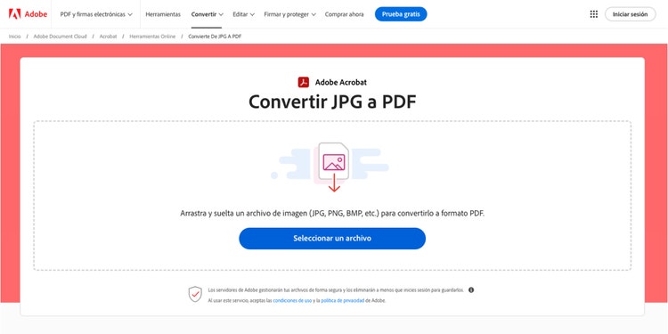 https://www.adobe.com/es/acrobat/online/jpg-to-pdf.html | Ilustración: Captura de pantalla de la herramienta Convertir JPG a PDF de Adobe Acrobat.