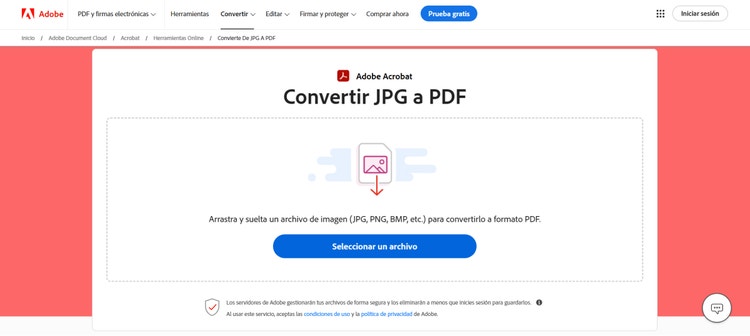 https://www.adobe.com/es/acrobat/online/jpg-to-pdf.html | Imagen de la herramienta Convertir JPG a PDF online gratis de Adobe Acrobat.