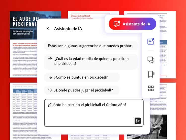 Captura de pantalla de la ventana emergente del Asistente de IA para Acrobat con sugerencias de preguntas sobre el documento.