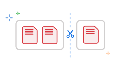 El gráfico muestra una tijera recortando un archivo PDF separándolo en dos partes, ilustrando el proceso de dividir archivos PDF con Adobe.