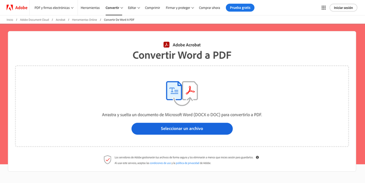 https://www.adobe.com/acrobat/online/word-to-pdf.html#_blank | Captura de pantalla: Herramienta online de Acrobat para convertir Word a PDF.