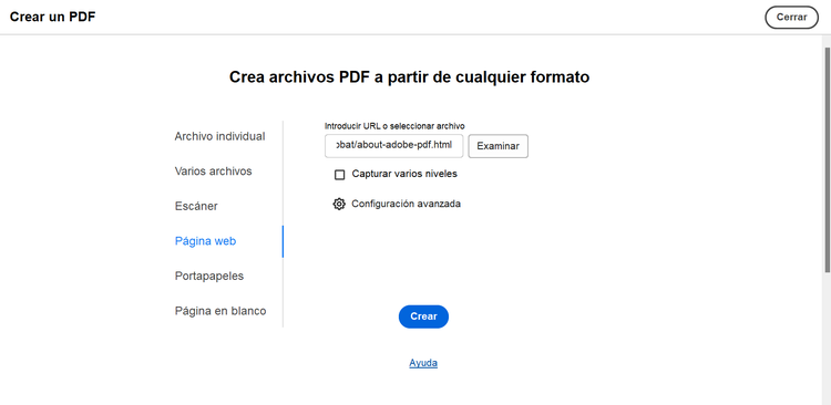 Captura de pantalla: Con Acrobat Pro puede convertir archivos web como HTML a PDF.