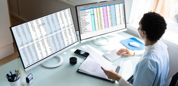 Bild zeigt eine Frau, die eine Tabelle mit vielen Daten bearbeitet.