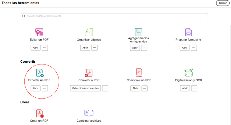 Captura de pantalla de la interfaz de usuario de Adobe Acrobat con todas las funciones.