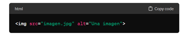 La ilustración muestra un ejemplo de código HTML con contenido de imagen