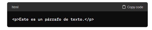 La ilustración muestra un ejemplo de código HTML con contenido de texto.