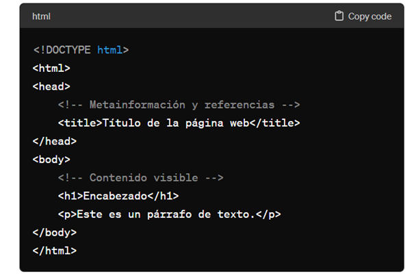 La ilustración muestra un ejemplo de estructura HTML.