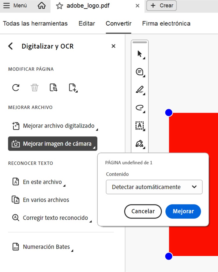 Captura de pantalla: muestra algunas de las funcionalidades para mejorar la calidad de un archivo PDF.