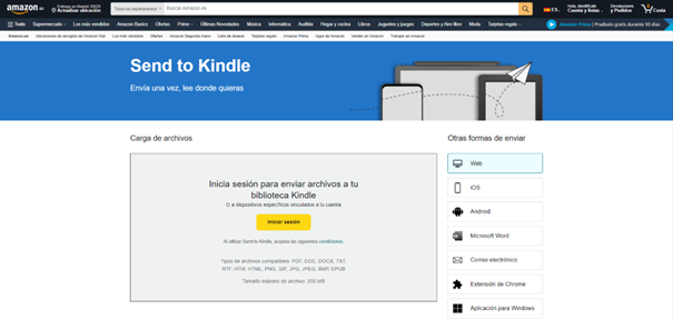 La captura de pantalla muestra la herramienta «Enviar a Kindle» con la que se puede transferir PDF a Kindle.