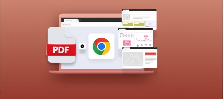 La ilustración muestra un ordenador portátil con varios archivos PDF de Chrome convertibles a PDF.