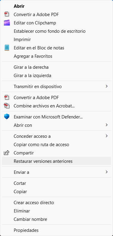 La captura de pantalla muestra cómo abrir un archivo PDF restaurando la versión anterior.