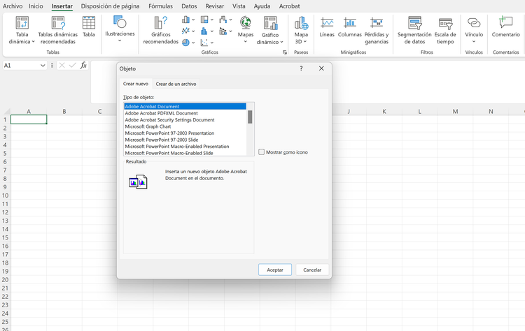 La captura de pantalla muestra cómo insertar PDF en Excel como un objeto.