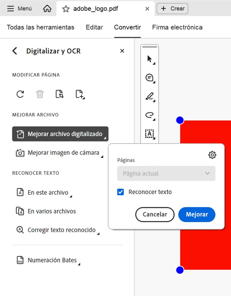 Captura de pantalla: muestra algunas de las funcionalidades para mejorar la digitlaización de un archivo PDF.