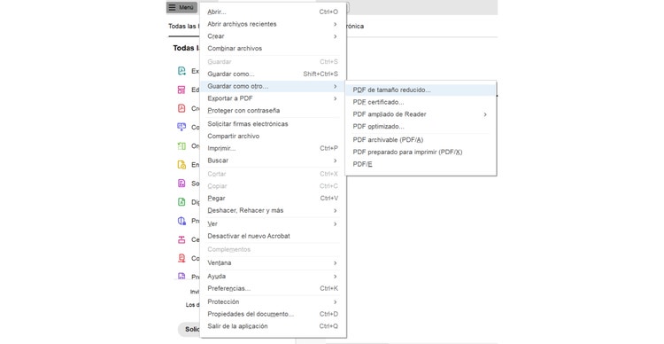 Captura de pantalla: guardar pdf tamaño reducido.