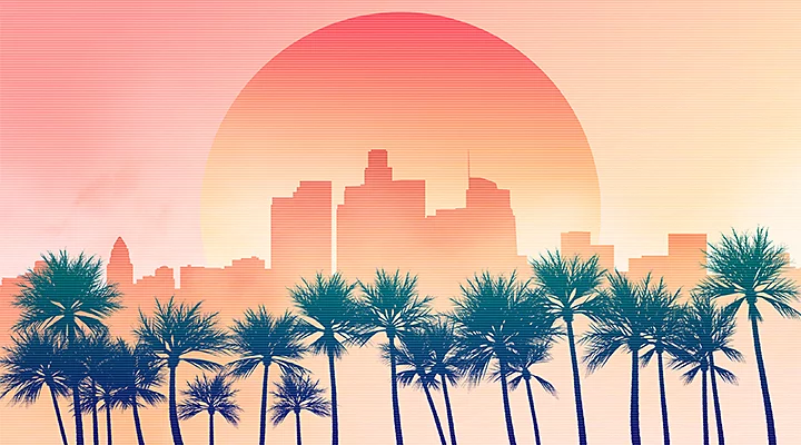 Ilustración digital de una ciudad, palmeras y el sol al atardecer.