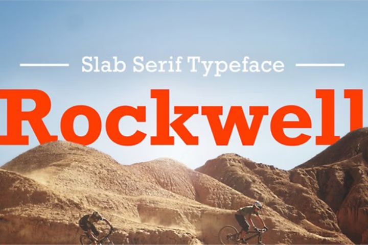 Imagen de Adobe Fonts con fondo de dos ciclistas en una montaña mostrando el tipo de letra slab serif