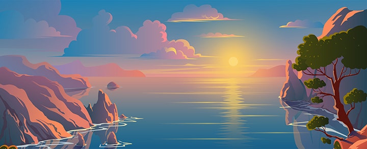 Ilustración digital de un paisaje del mar y el sol a punto de esconderse por el horizonte.