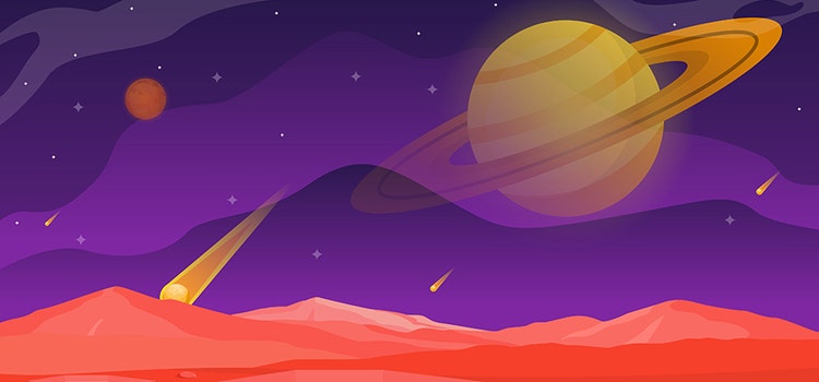 Ilustración de colores cálidos en la que se observa el espacio exterior y al planeta Saturno.