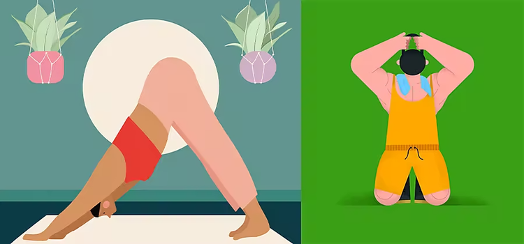 Dos dibujos artísticos de personas la una al lado de la otra haciendo diferentes poses de yoga