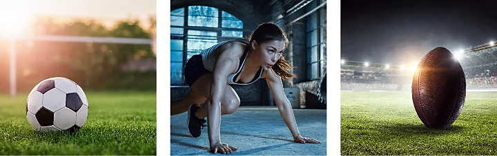 Three photos in a horizontal grid; a close-up photo of a soccer ball on a field with a goal net in the background, a photo of a person doing a workout, and a close-up photo of a football on a field in a stadium.