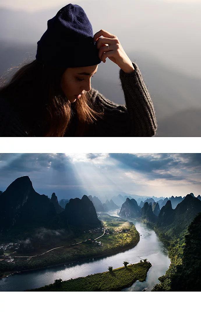 A photo collage of two images: a person posing, and a river running through a rocky canyon