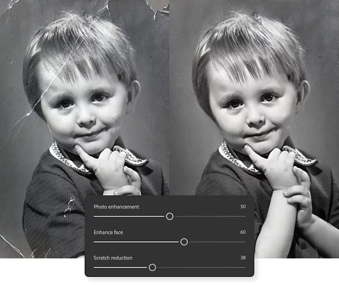 Photo Restoration Filter sliders superimposed on before and after photos of a child. The before photo is a damaged black-and-white photo, and the after photo has been restored using the Photo Restoration Filter..