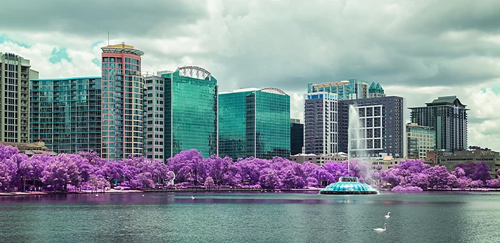 Foto infrarroja de un paisaje urbano frente al lago de un parque