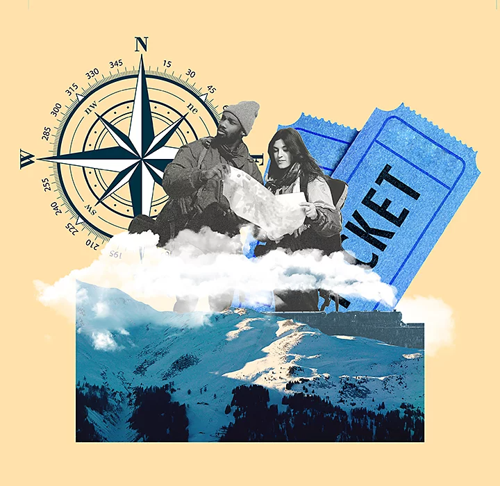 Two people looking at a map together with a snowy mountain next to a large compass and tickets superimposed on top of them