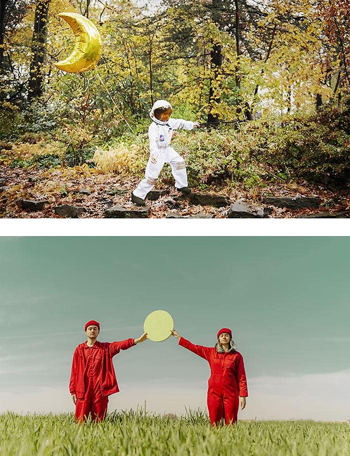 Two stacked photos: one of a kid wearing an astronaut suit running in a forest while holding a moon-shaped balloon and one of two people wearing matching red outfits holding a yellow circle together in the middle of a grass field