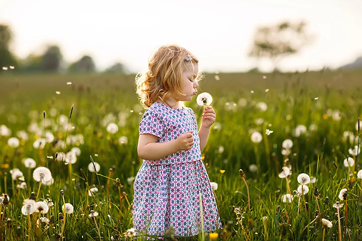 Niña soplando sobre un diente de león en un campo lleno de dientes de león.