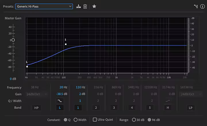 Configuración del ajuste preestablecido “Generic Hi-Pass” en Adobe Audition