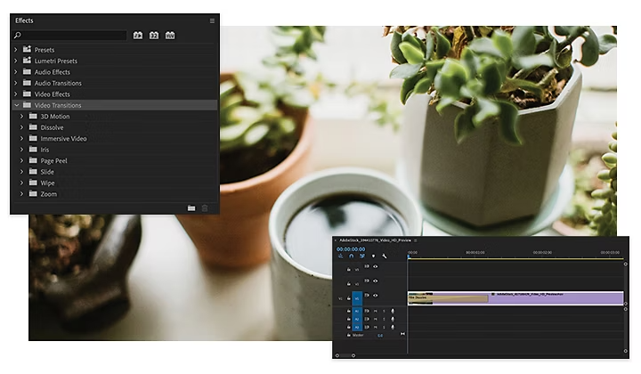 Imagen de la IU de Premiere Pro con opciones de transiciones de vídeo