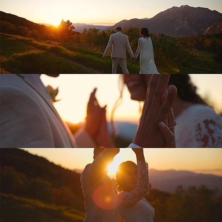 Un collage de varias fotos de una pareja de recién casados posando al aire libre