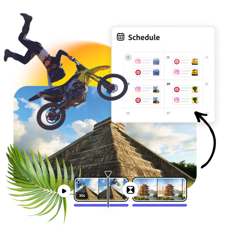 A collage of a person jumping with a motorcycle, a pyramid and a palm featuring the content scheduler tool from Adobe Express.