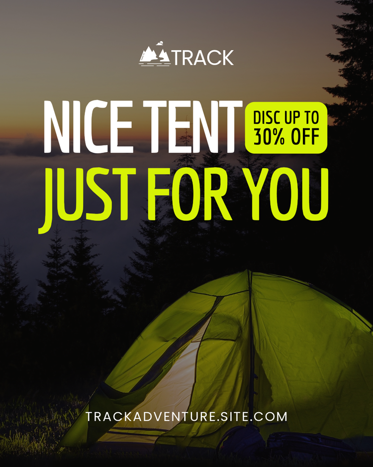 Ad with a picture of the outdoors at dusk, featuring a white and green title offering 30% off on tents, created using Adobe Express.