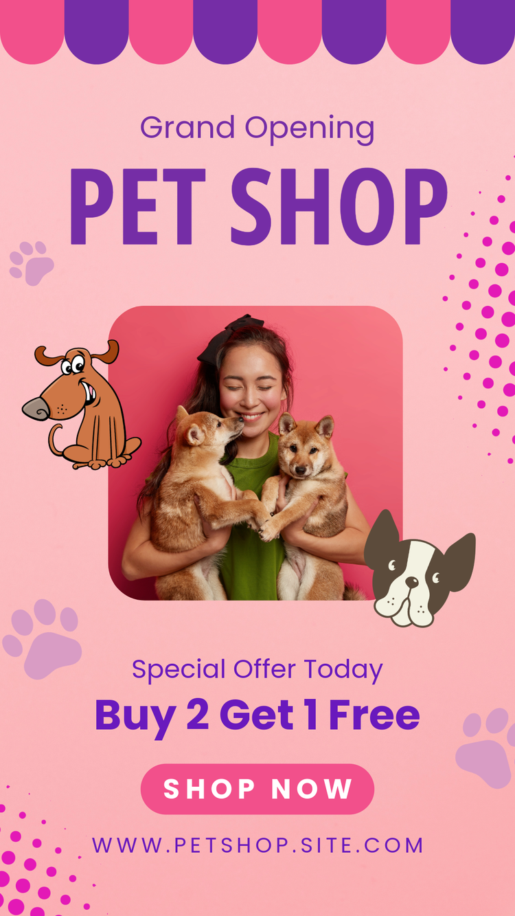 Lead ad easily made with Adobe Express showcasing a person holding two dogs with a pink background and design assets plus the promo info.