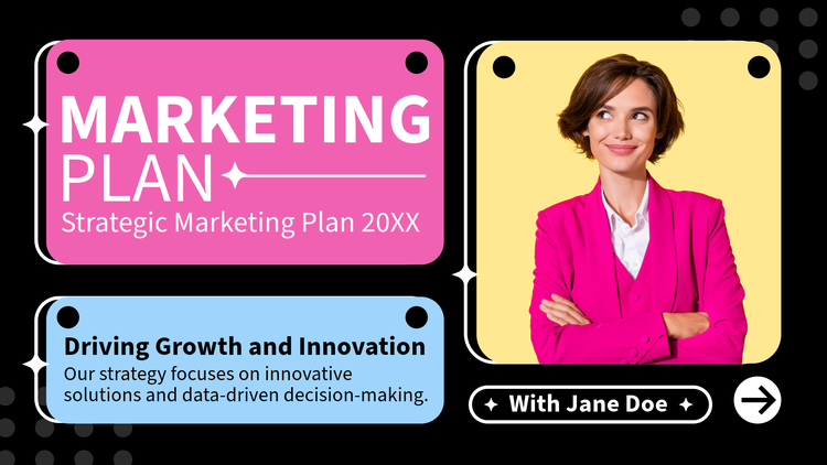 AI-generated presentation with a pink "Marketing Plan" block, a blue introduction block, and a yellow block featuring a person in a pink suit.
