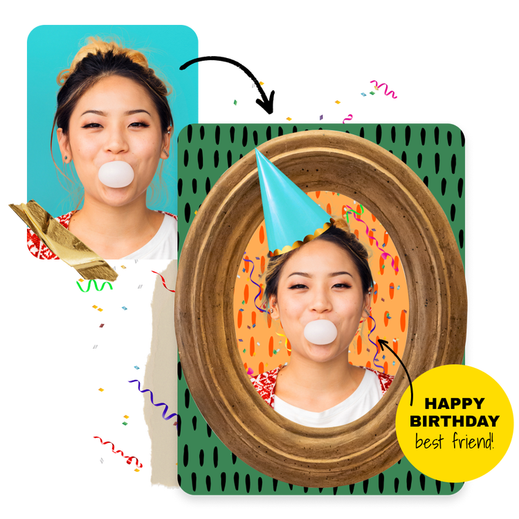 Birthday frame with a picture of a person blowing bubble gum, a blue party hat, confetti, and a "Happy Birthday" message.
