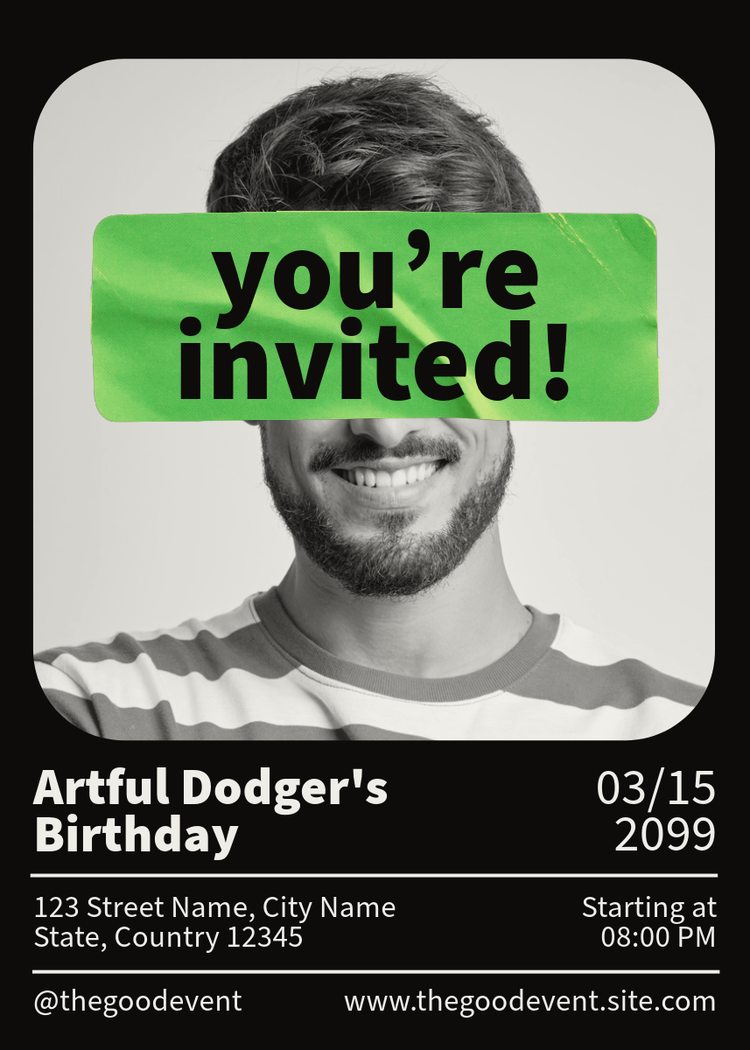 Birthday frame with party details and a black-and-white photo. A green banner covers the person's eyes with text "You're invited!".