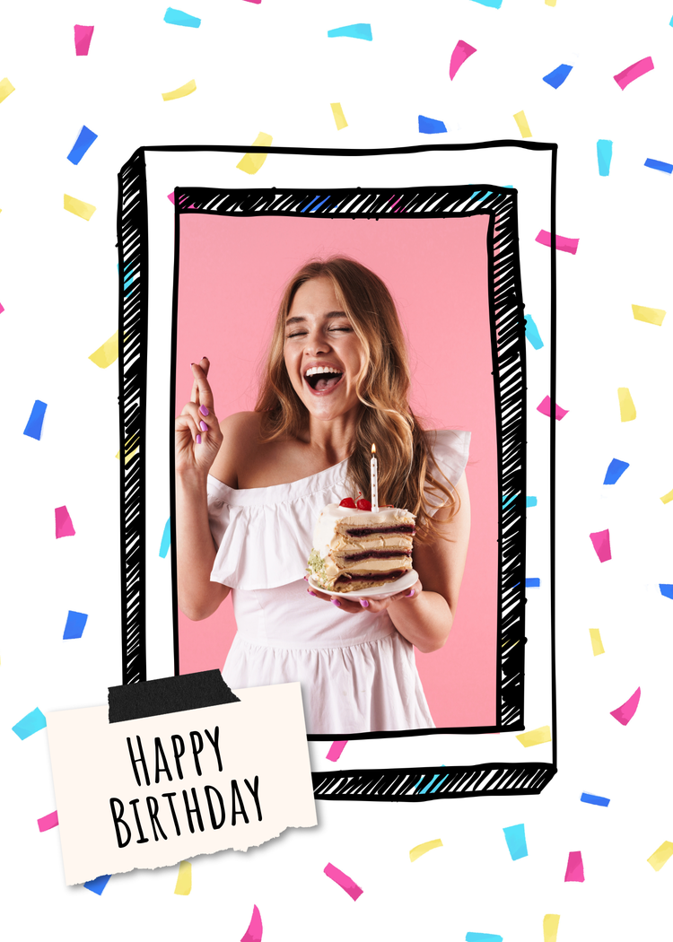 Birthday frame with a smiling woman holding a cake with a candle, surrounded by confetti, and a "Happy Birthday" note.