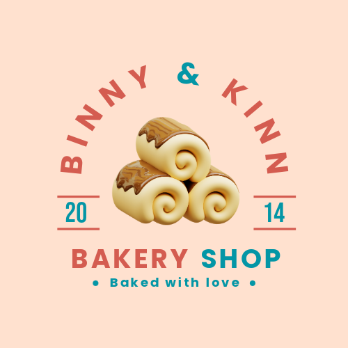 Modern logo for a bakery shop with 3D designed pastry rolls and "Baked with love" text below.