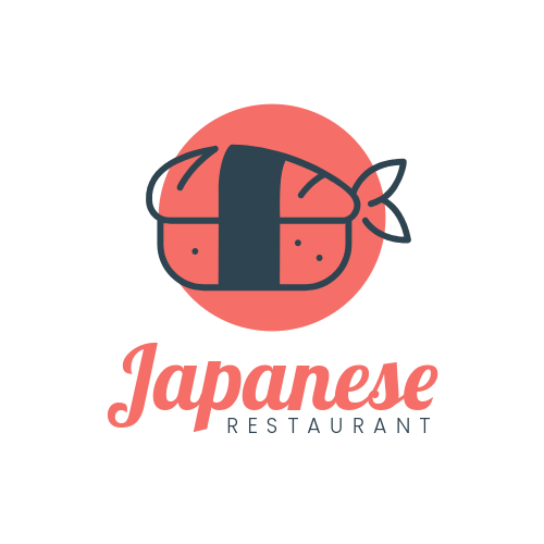 Modern logo for a Japanese restaurant featuring a red circle background and a sushi icon.
