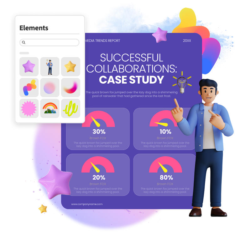 Purple case study design featuring a 3D cartoon person, using Adobe Express’s variety of high-quality design assets to complement graphs and charts.