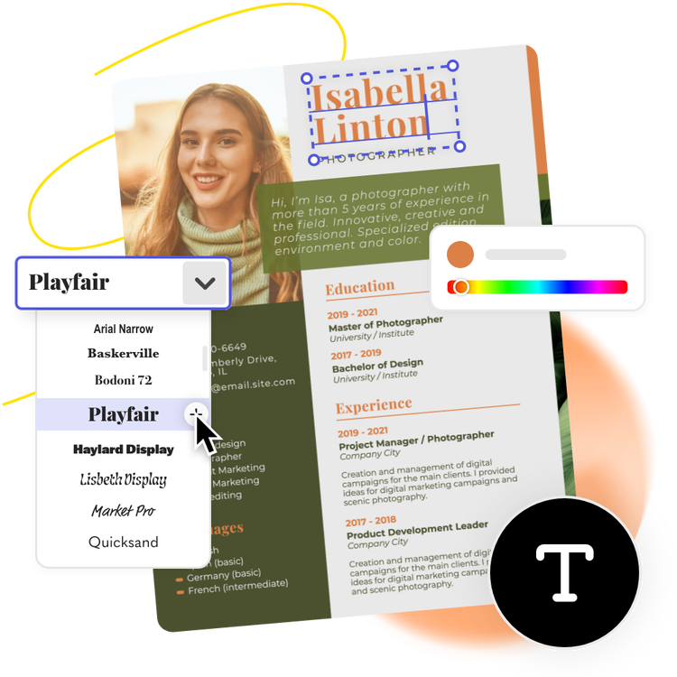 Beige and green resume with a headshot, a font selection dropdown menu and a color selection tool bar.