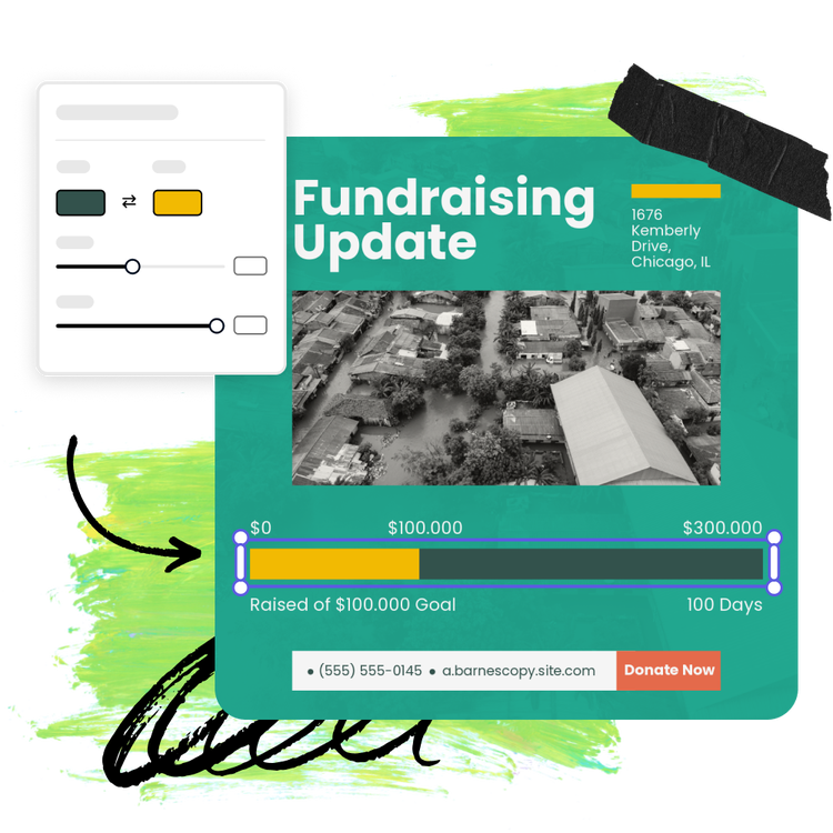 Design for a fundraising update, featuring a progress bar chart with editable colors, using a tool available with a Premium plan in Adobe Express.