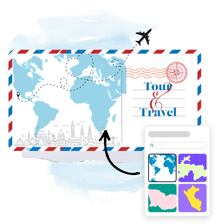 Region of a map being selected to add to an envelope design, showcasing the text "Tour & Travel" and an airplane element.