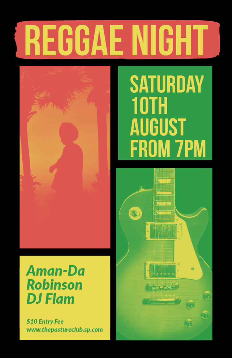Red, green, yellow and black poster for a Reggae event being edited in Adobe Express.