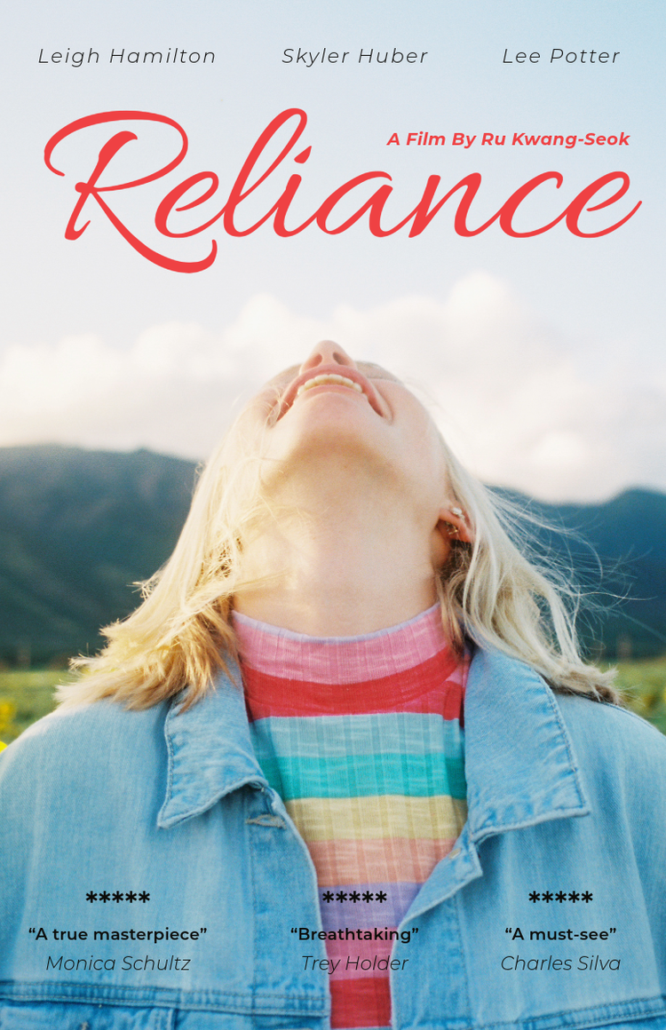 Movie poster created with Adobe Express Movie Poster Generator, featuring a person looking up and a red title "Reliance".