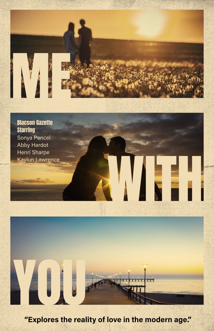 A movie poster showcasing three pictures of a couple with sunsets, titled "Me with You", generated using the Adobe Express tool.