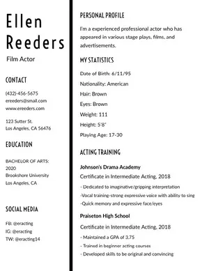 Free Acting Resume Templates Adobe Spark